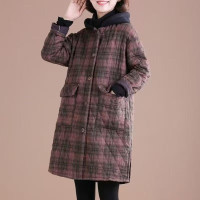 秋冬新款复古棉麻格子中长款连帽棉衣女加绒加厚大码保暖棉袄大衣