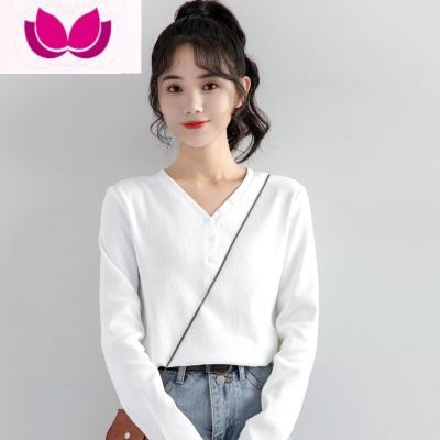 七斓2023春季新款V领白色上衣女外穿长袖T恤百搭学生内搭打底衫秋