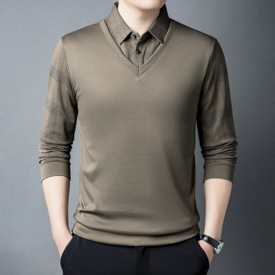 长袖T恤男士春秋透气翻领polo衫商务休闲通勤上班T恤假两件打底衫