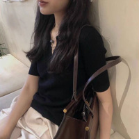 黑色POLO领短袖夏季新款高级感修身小个子别致锁骨甜辣妹上衣女潮