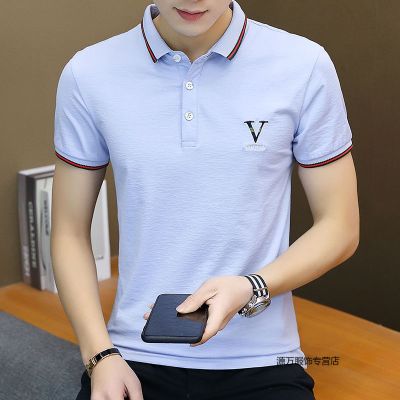 珂卡慕(KEKAMU)夏季韩版潮流翻领POLO衫短袖男士有带领T恤男装衬衫领半袖上衣服99030浅蓝M/165