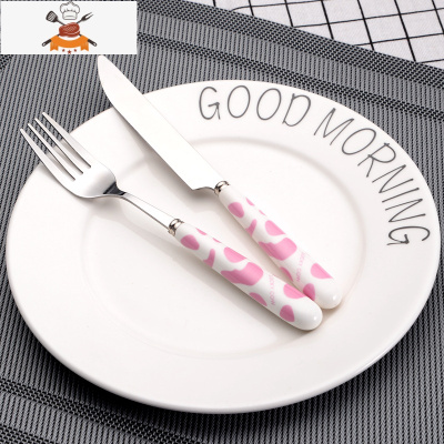 创意刀叉勺西餐套装不锈钢餐具三件套牛排刀子西餐刀叉勺子牛扒刀 粉牛[1刀 + 1叉] 敬平
