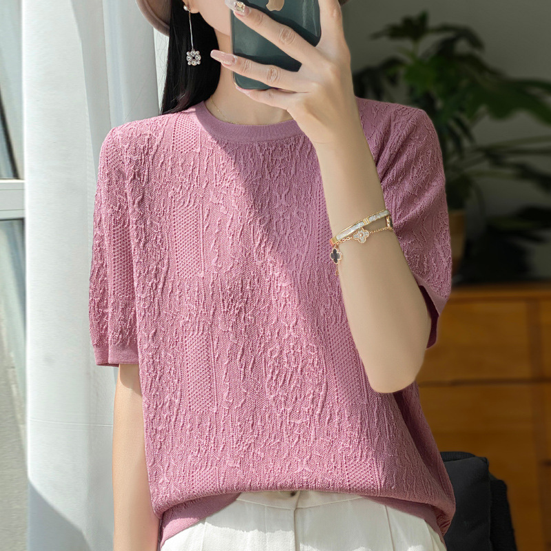 冰丝圆领提花短袖T恤女夏季薄款针织半袖宽松短款纯色宽松上衣