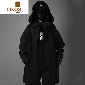 YANXU春季潮流机能风大码连帽假风衣男宽松休闲中长款外套