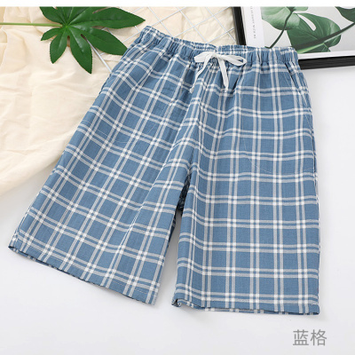 SUNTEK睡裤男士棉短裤夏季家居裤棉纱布五分裤格子沙滩裤薄款可外穿