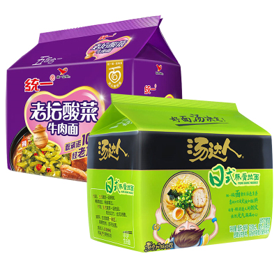 统一 方便面 老坛酸菜牛肉面121g+汤达人日式豚骨味125g*5袋/包 *2包组