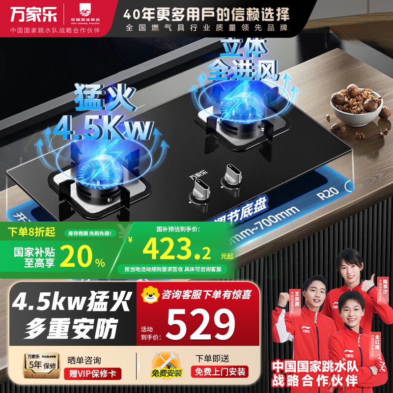 万家乐 钢化玻璃燃气灶炉具双眼灶 家式嵌入式两用灶具4.5KW一级能效 家用双灶台LAY3 天然气