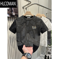 HLCOMAN短袖t恤男2025夏季新款男士满身卡通印花修身半袖棉t汗衫上衣