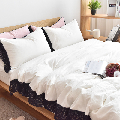 简约全棉纯色水洗棉四件套公主风蕾丝花边纯棉被套床单床笠床品