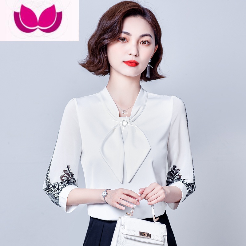七斓妈妈装t恤女七分袖雪纺衬衫宽松洋气小衫时尚减龄蝴蝶结百搭上衣