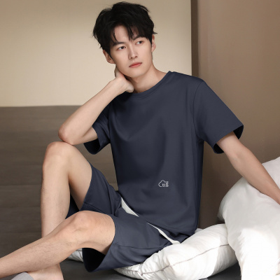 夏季纯棉短袖短裤两件套套装男士纯色宽松舒适睡衣男可外穿家居服