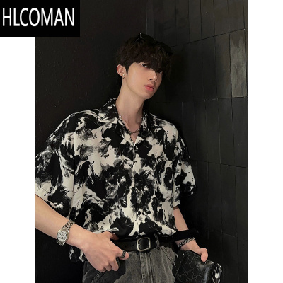 HLCOMANvintage巴洛克雅痞风花衬衫男美式穿搭短袖外套夏季古巴领衬衣dk