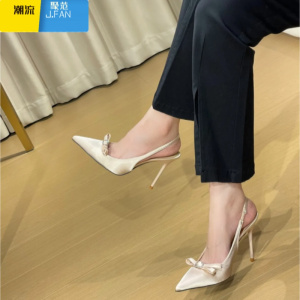 聚范香槟色高跟鞋女细跟2024新款尖头蝴蝶结法式气质名媛缎面单鞋