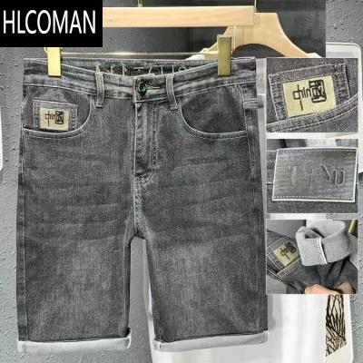 HLCOMAN中国刺绣潮牌牛仔短裤男宽松百搭小直筒弹力中裤子夏季耐磨工装裤