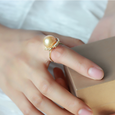 风下Hrfly南洋金珠戒指S925银镀金锆石镶嵌日落色浅金显肤白珍珠戒指附礼盒包装活口