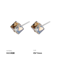925气质茶色方糖方块水晶纯银耳钉睡觉不用摘耳环ins日韩女送女朋友老婆情人节七夕生日礼物