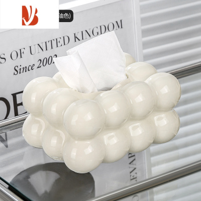 三维工匠高颜值纸巾盒客厅轻奢餐巾纸抽纸盒陶瓷轻奢风茶几桌面纸抽盒 泡泡纸巾盒(白色)送粉色蝴蝶结