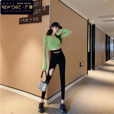 广赫破洞高腰牛仔裤女2021年新款紧身弹力铅笔裤黑色小脚裤九分裤子潮牛仔裤