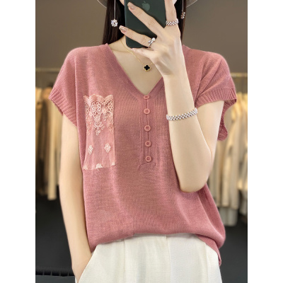 竹麻冰丝短袖T恤针织衫女夏季洋气时尚百搭减龄宽松薄款上衣