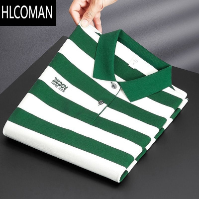 HLCOMAN高端条纹撞色衫短袖男2024新款夏季潮牌刺绣翻领半袖t恤男款