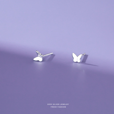 蝴蝶耳钉女s999纯银森系小清新养耳洞小巧精准足银简约耳饰批发送女朋友老婆情人节七夕生日礼物