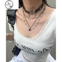 JiMi韩国小众设计黑色爱心三条合一叠戴多层项链choker甜酷简约