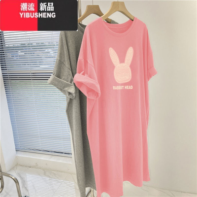 YIBUSHENG大码女装连衣裙季宽松加肥200斤短袖t恤裙卡通慵懒气质长裙