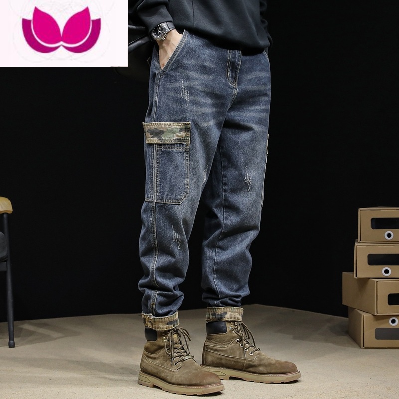 七斓美式工装裤子男秋直筒复古做旧休闲裤欧美宽松多口袋军事风牛仔裤
