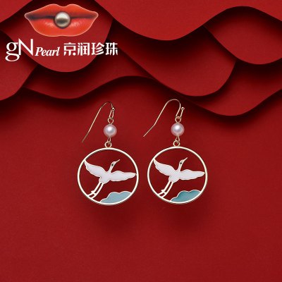 京润珍珠国风京梦系列云中鹤珍珠耳钩合金6-7mm圆形珠国潮仙鹤6-7mm
