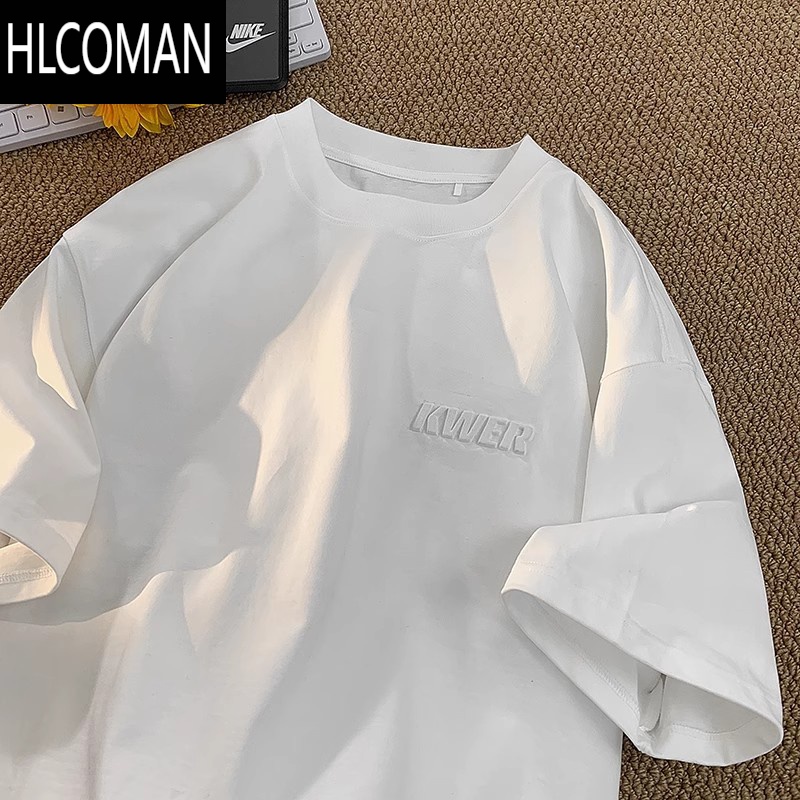 HLCOMAN白色宽松高克短袖T恤男夏初中生美式半袖打底衫