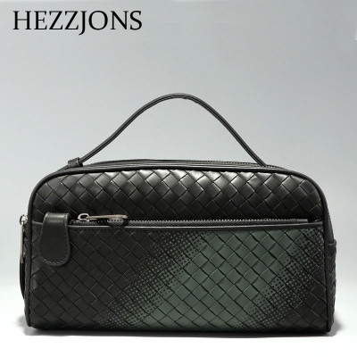 赫泽琼斯HEZZJONS厚款手包编织男士手包休闲商务手拿包进口小牛皮手抓包韩版奢侈品大容量手腕包黑色进口意大利牛皮