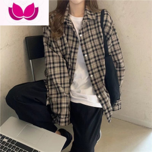 七斓日系长袖衬衫男宽松2022潮流休闲打底衫潮牌ins格子衬衣外套