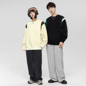 秋冬新款圆领卫衣情侣装韩版潮牌简约拼色拼接宽松打底衫男女上衣