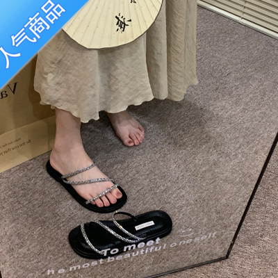 SUNTEK 仙女风凉拖外穿2023年新款平底一字水钻配裙子露趾凉鞋