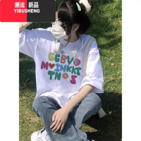 YIBUSHENG火龙果色正肩显瘦t恤印花短袖女设计感小众宽松多巴胺穿搭上衣