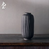 手工粗陶花瓶日式花器小原流陶瓷禅意花器落地摆件家居复古干花插 三维工匠 灰绿色款