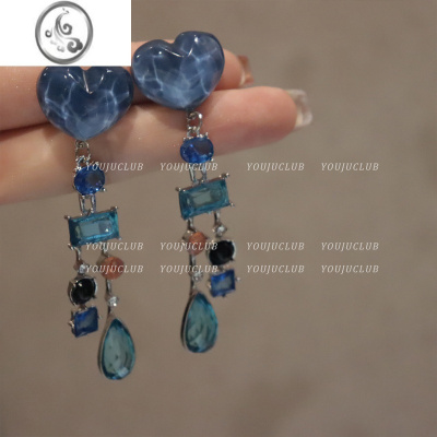 JiMiYOUJUclub-水波轻抚 蓝色水晶复古异国风情设计彩色流苏耳环 耳夹