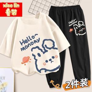 女童套装夏季薄款宽松短袖防蚊裤两件套儿童夏装洋气童装女