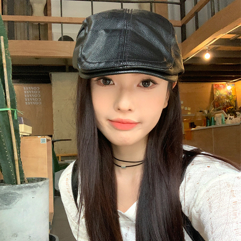 复古英伦pu皮质黑色前进帽女个性文艺小众鸭舌帽春秋显脸小贝雷帽