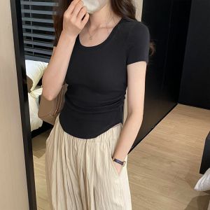 含棉 纯色U领短袖T恤女抽褶不规则设计感夏季新款百搭修身上衣INS