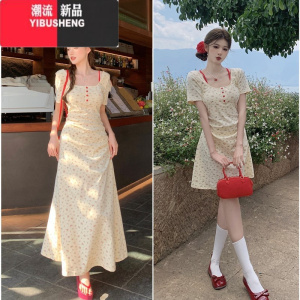 YIBUSHENG大码法式收腰连衣裙女季显瘦遮肉包臀裙子微胖MM设计感碎花短裙