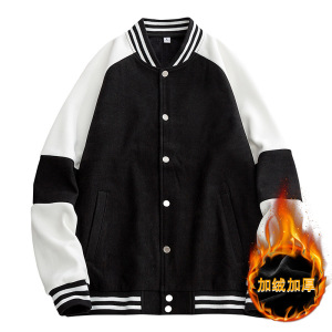 秋冬加绒棒球服男韩版潮牌拼接立领开衫排扣保暖纯色外套厂家