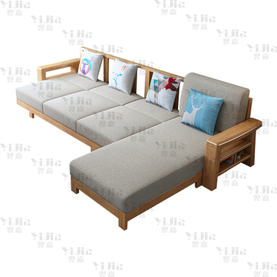 翌嘉 简约实木沙发原木色实木沙发 四人位脚踏可拉床