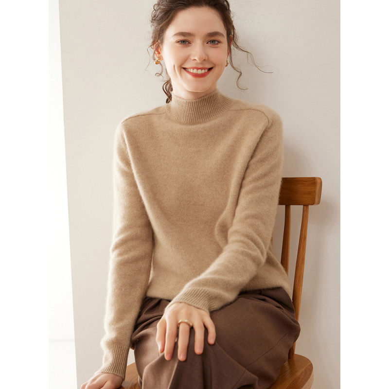 冬季山羊绒衫女半高领加厚马鞍肩针织毛衣宽松百搭打底上衣