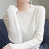 安迪绒木耳边圆领套头打底衫女士秋冬洋气纯色针织衫宽松显瘦毛衣