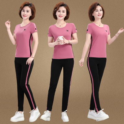 中老年女运动服套装妈妈装跑步2021夏季短袖T恤40-50岁两件套洋气