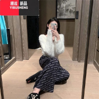 YIBUSHENG肌理感字母褶皱阔腿裤女季薄款直筒宽松休闲裤百搭高腰拖地裤潮