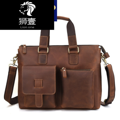 狮壹（Lionone）轻奢品牌疯马皮真皮男包单肩包男斜挎包公文包商务休闲男士包包牛皮背包