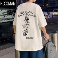 HLCOMAN酒红色短袖t恤男夏季玫瑰印花情侣美式高街潮牌宽松半袖体恤