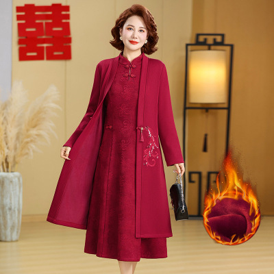 喜婆婆婚宴装冬季加绒中年妈妈连衣裙子两件套中式复古改良旗袍_442